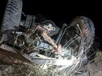 Mangled remains of an army vehicle after it met with an accident in Poonch on Tuesday. (HT Photo)