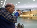 Defence Minister Rajnath Singh at the Vijay Shooting Range in Mhow of Indore district. (PTI) Defence Minister Rajnath Singh at the Vijay Shooting Range in Mhow of Indore district. (PTI)