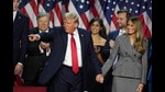 President-elect Donald Trump holds hands with Melania Trump after speaking to supporters at the Palm Beach County Convention Center during an election night watch party, Wednesday, Nov. 6, 2024, in West Palm Beach, Fla. (AP Photo/Lynne Sladky) (AP)