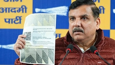 **EDS: IMAGE VIA AAP** New Delhi: AAP MP Sanjay Singh addresses a press conference, in New Delhi on Sunday. (PTI) **EDS: IMAGE VIA AAP** New Delhi: AAP MP Sanjay Singh addresses a press conference, in New Delhi on Sunday. (PTI)