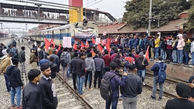 AISA activists block a train during Chakka Jam in Arrah. (Santosh Kumar) AISA activists block a train during Chakka Jam in Arrah. (Santosh Kumar)