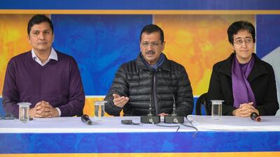 Aam Aadmi Party leaders address a press conference at the party office on Monday. (RAJ K RAJ /HT PHOTO)