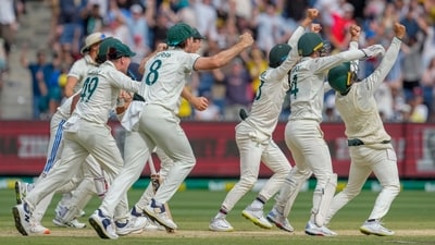 Australian players celebrates after winning the fourth Test against India at the Melbourne Cricket Ground by 184 runs. The final wicket was taken by Nathan Lyon as he dismissed Mohammed Siraj (AP Photo/Asanka Brendon Ratnayake) (AP) Australian players celebrates after winning the fourth Test against India at the Melbourne Cricket Ground by 184 runs. The final wicket was taken by Nathan Lyon as he dismissed Mohammed Siraj (AP Photo/Asanka Brendon Ratnayake) (AP)