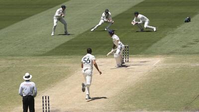 India’s Virat Kohli is caught by Usman Khawaja (top C) in the slips on the final day of the fourth Test against Australia at the Melbourne Cricket Ground on Monday. (AFP) India’s Virat Kohli is caught by Usman Khawaja (top C) in the slips on the final day of the fourth Test against Australia at the Melbourne Cricket Ground on Monday. (AFP)
