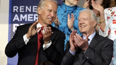 FILE - Sen. Joe Biden and former President Jimmy Carter are seen at the Democratic National Convention in Denver, Aug. 26, 2008. (AP Photo/Paul Sancya, File) (AP) FILE - Sen. Joe Biden and former President Jimmy Carter are seen at the Democratic National Convention in Denver, Aug. 26, 2008. (AP Photo/Paul Sancya, File) (AP)