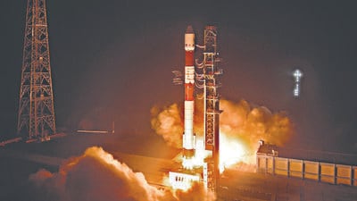 PSLV-C60 carrying SpaDeX and its payloads lifts off, as part of Isro’s key Space Docking Experiment, in Sriharikota on Monday. (PTI)