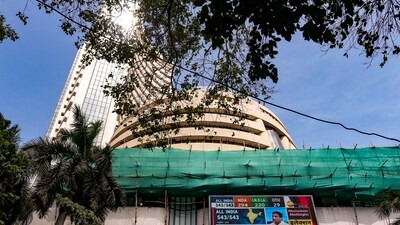 A screen displays stock numbers outside the Bombay Stock Exchange (BSE) building in Mumbai. (PTI)