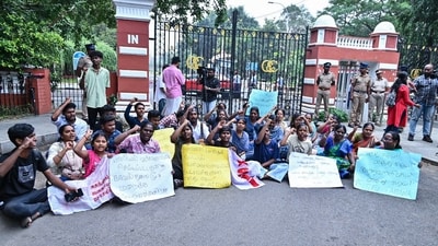 SFI and AIDWA members protested outside Anna University over a student’s alleged assault in Chennai on Wednesday. (ANI) SFI and AIDWA members protested outside Anna University over a student’s alleged assault in Chennai on Wednesday. (ANI)