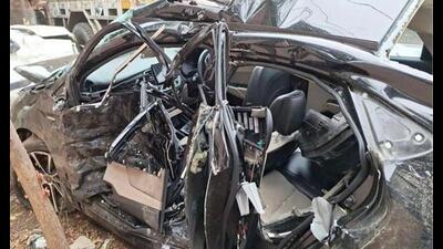 The mangled remains of a car after the mishap on the Jalandhar-Ludhiana national highway near Goraya on Sunday night. (HT Photo)