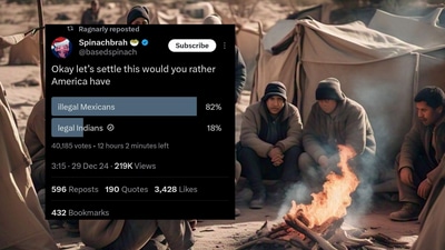 82% users voted for illegal Mexican immigrants over legal Indian immigrants. (X/@basedspinach) 82% users voted for illegal Mexican immigrants over legal Indian immigrants. (X/@basedspinach)