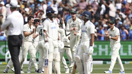 Australian players react to a DRS decision that dismisses Indias Yashasvi Jaiswal on day five at the MCG. (AFP)