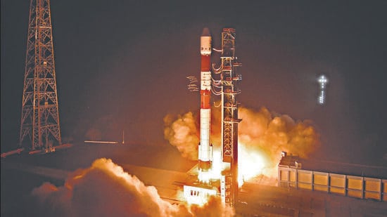 PSLV-C60 carrying SpaDeX and its payloads lifts off, as part of Isro’s key Space Docking Experiment, in Sriharikota on Monday. (PTI)