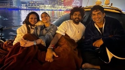 Nayanthara and Vignesh Shivan with R Madhavan and is wife in Dubai. (Instagram) Nayanthara and Vignesh Shivan with R Madhavan and is wife in Dubai. (Instagram)