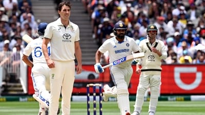 India's Rohit Sharma (2nd R) takes runs from the bowling of Pat Cummins (L) on the second day of the fourth cricket Test match between Australia and India at the Melbourne Cricket Ground (AFP) India's Rohit Sharma (2nd R) takes runs from the bowling of Pat Cummins (L) on the second day of the fourth cricket Test match between Australia and India at the Melbourne Cricket Ground (AFP)