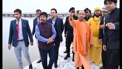 Chief minister Yogi Adityanath inspects preparations ahead of Mahakumbh, in Prayagraj, Tuesday. (HT Photo) Chief minister Yogi Adityanath inspects preparations ahead of Mahakumbh, in Prayagraj, Tuesday. (HT Photo)