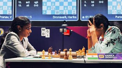 GM Vaishali Rameshbabu (L) dominated the women’s standingswith eight wins and three draws to qualify for the knockouts (PTI) GM Vaishali Rameshbabu (L) dominated the women’s standingswith eight wins and three draws to qualify for the knockouts (PTI)