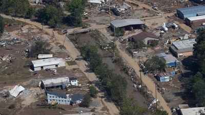 Damage from Hurricane Helene near Asheville, N.C., is seen during an aerial tour for US President Joe Biden. (AP) Damage from Hurricane Helene near Asheville, N.C., is seen during an aerial tour for US President Joe Biden. (AP)