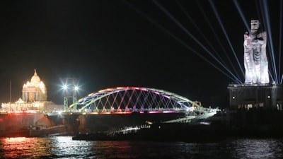 The Bowstring Arch Bridge (Mirror Bridge) stretched from Thiruvalluvar Statue and Vivekananda Rock Memorial, in Kanyakumari. (PTI) The Bowstring Arch Bridge (Mirror Bridge) stretched from Thiruvalluvar Statue and Vivekananda Rock Memorial, in Kanyakumari. (PTI)