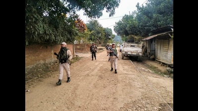 Police and security personnel during a search operation in the fringe and vulnerable areas of hill and valley districts of Manipur. (PTI) Police and security personnel during a search operation in the fringe and vulnerable areas of hill and valley districts of Manipur. (PTI)