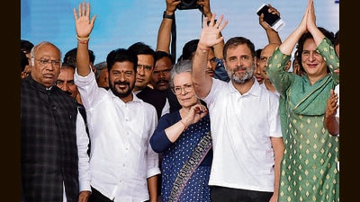 The Congress, which secured a thin majority of 64 out of 119 seats in the assembly elections, managed to bolster its strength by attracting 10 MLAs from the BRS, along with winning a bypoll to the Secunderabad Cantonment assembly seat in June. (ANI) The Congress, which secured a thin majority of 64 out of 119 seats in the assembly elections, managed to bolster its strength by attracting 10 MLAs from the BRS, along with winning a bypoll to the Secunderabad Cantonment assembly seat in June. (ANI)