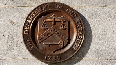 A bronze seal for the Department of the Treasury is shown at the U.S. Treasury building in Washington, U.S., January 20, 2023. REUTERS/Kevin Lamarque/File Photo (REUTERS)