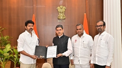 Actor-turned-politician and TVK chief Vijay met Tamil Nadu Governor R N Ravi on Monday. (ANI/X)
