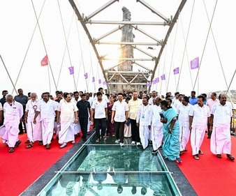 Tamil Nadu Chief Minister MK Stalin during the inauguration of the glass bridge connecting Vivekananda memorial and Thiruvalluvar statue, in Kanyakumari. (Udhay-X) Tamil Nadu Chief Minister MK Stalin during the inauguration of the glass bridge connecting Vivekananda memorial and Thiruvalluvar statue, in Kanyakumari. (Udhay-X)