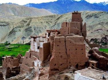 The Basgo Monastery in Ladakh was built from stone and rammed earth. The Basgo Monastery in Ladakh was built from stone and rammed earth.