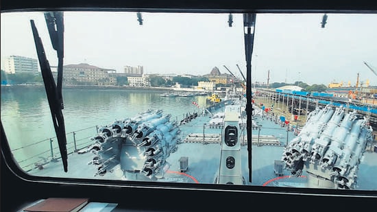 Anti-submarine rocket launchers seen from the bridge of INS Imphal, commissioned into service in December 2023. Its sister ship Surat is among the three platforms being commissioned into the navy on January 15. (Rahul Singh/HT File)