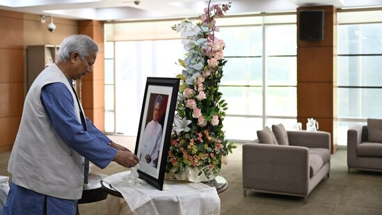 Bangladesh chief adviser Professor Muhammad Yunus pays tribute to former Prime Minister Manmohan Singh on Tuesday. (X-@ChiefAdviserGoB)