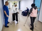 Palestinian girls who were injured in the Gaza Strip during the war between Israel and Hamas, receive rehabitation care at a hospital in Abu Dhabi