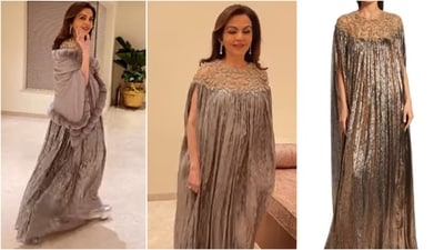 Nita Ambani celebrated 2025 in a stunning dark gold kaftan gown by Oscar de la Renta. (www.saksfifthavenue.com) Nita Ambani celebrated 2025 in a stunning dark gold kaftan gown by Oscar de la Renta. (www.saksfifthavenue.com)