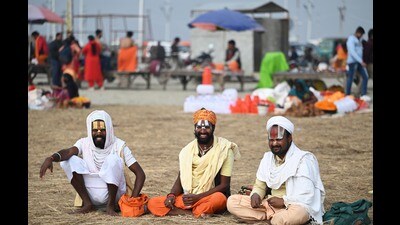 A group of seers at the bank of Sangam in Prayagraj. (Deepak Gupta/HT) A group of seers at the bank of Sangam in Prayagraj. (Deepak Gupta/HT)