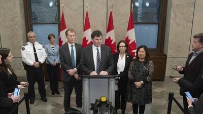 Canada's Immigration, Refugees and Citizenship Minister Marc Miller, from middle left, Mental Health and Addictions Minister Ya'ara Saks and Export Promotion, International Trade and Economic Development Minister Mary Ng look on as Minister of Public Safety, Democratic Institutions and Intergovernmental Affairs and Finance Minister Dominic LeBlanc speaks at podium during an availability, in Ottawa, Ontario, on Dec. 17, 2024. (AP) Canada's Immigration, Refugees and Citizenship Minister Marc Miller, from middle left, Mental Health and Addictions Minister Ya'ara Saks and Export Promotion, International Trade and Economic Development Minister Mary Ng look on as Minister of Public Safety, Democratic Institutions and Intergovernmental Affairs and Finance Minister Dominic LeBlanc speaks at podium during an availability, in Ottawa, Ontario, on Dec. 17, 2024. (AP)