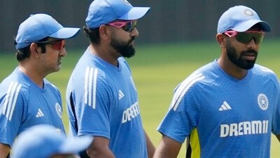 India's coach Gautam Gambhir, left, captain Rohit Sharma, second left, Jasprit Bumrah attend a practice session (AP) India's coach Gautam Gambhir, left, captain Rohit Sharma, second left, Jasprit Bumrah attend a practice session (AP)