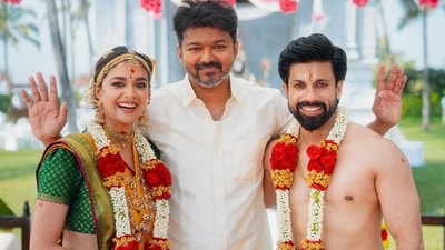 Vijay attended Keerthy Suresh and Antony Thattil's wedding in Goa. Vijay attended Keerthy Suresh and Antony Thattil's wedding in Goa.