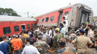 Rescue work underway after the Howrah-Mumbai Mail derailed following a collision with a goods train near Badabamboo, in Seraikela-Kharsawan district of Jharkhand, uly 30, 2024. At least two people were killed and 20 others injured in the accident. (PTI) Rescue work underway after the Howrah-Mumbai Mail derailed following a collision with a goods train near Badabamboo, in Seraikela-Kharsawan district of Jharkhand, uly 30, 2024. At least two people were killed and 20 others injured in the accident. (PTI)