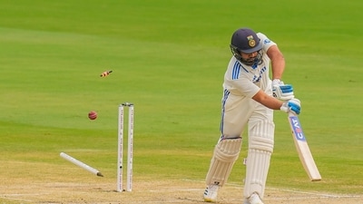 Team India batsman Rohit Sharma bowled out by England's bowler James Anderson during the second Test match between India and England, at Dr YS Rajasekhara Reddy ACA-VDCA Cricket Stadium, in Visakhapatnam, Feb. 4, 2024. (PTI) Team India batsman Rohit Sharma bowled out by England's bowler James Anderson during the second Test match between India and England, at Dr YS Rajasekhara Reddy ACA-VDCA Cricket Stadium, in Visakhapatnam, Feb. 4, 2024. (PTI)