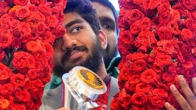 World Chess Champion D Gukesh being garlanded during a press conference, in Chennai, Dec. 16, 2024. Gukesh retuned Chennai Monday after winning FIDE World Chess Championship in Singapore on Dec. 12. (PTI/R Senthilkumar) World Chess Champion D Gukesh being garlanded during a press conference, in Chennai, Dec. 16, 2024. Gukesh retuned Chennai Monday after winning FIDE World Chess Championship in Singapore on Dec. 12. (PTI/R Senthilkumar)