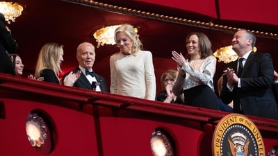 US President Joe Biden, First Lady Jill Biden, Vice-President Kamala Harris and Second Gentleman Doug Emhoff attend the 47th Kennedy Center Honors at the Kennedy Center in Washington, DC, December 8, 2024. (Photo by Chris Kleponis / AFP) (AFP)