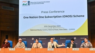 Ajay Sood, Principal Scientific Adviser, Abhay Karandikar, Secretary, Department of Science and Technology, Parvinder Maini, Scientific Secretary to Principle Scientific Advisor and others during a press conference on 'One Nation, One Subscription' (ONOS) scheme, in New Delhi on Tuesday. (ANI) Ajay Sood, Principal Scientific Adviser, Abhay Karandikar, Secretary, Department of Science and Technology, Parvinder Maini, Scientific Secretary to Principle Scientific Advisor and others during a press conference on 'One Nation, One Subscription' (ONOS) scheme, in New Delhi on Tuesday. (ANI)