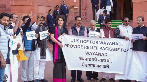 (File image) Congress MP Priyanka Gandhi and others stage a protest demanding a relief package for landslide-hit Wayanad during the Winter session of Parliament, in New Delhi. (PTI) (File image) Congress MP Priyanka Gandhi and others stage a protest demanding a relief package for landslide-hit Wayanad during the Winter session of Parliament, in New Delhi. (PTI)