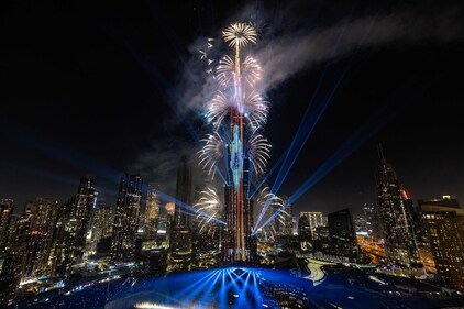 Fireworks explode around the Burj Khalifa Tower during New Year's celebrations in Dubai on January 1, 2025. (AFP) Fireworks explode around the Burj Khalifa Tower during New Year's celebrations in Dubai on January 1, 2025. (AFP)
