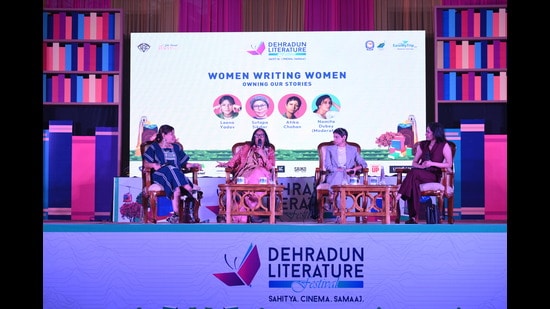 The panel on screenwriting featured (from left) Leena Yadav, Sutapa Sikdar and Atika Chohan, who drew attention to the limited ways in which male writers depict women characters, and also shed light on their own craft. (Courtesy Dehradun Literature Festival)