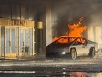 Flames rise from a Tesla Cybertruck after it exploded outside the Trump International Hotel Las Vegas, in Las Vegas, Nevada, U.S., January 1, 2025 in this screengrab taken from a social media video. 