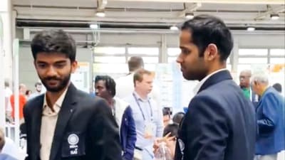 D Gukesh and Arjun Erigaisi during the 45th FIDE Olympiad. (AP) D Gukesh and Arjun Erigaisi during the 45th FIDE Olympiad. (AP)
