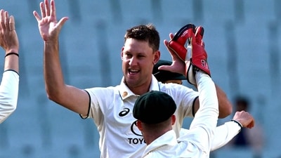 Australian bowler Beau Webster (C) celebrates taking a wicket on the second day of the cricket match between Australia A and India A at the Melbourne Cricket Ground (MCG) in Melbourne on November 8, 2024. (Photo by William WEST / AFP) / --IMAGE RESTRICTED TO EDITORIAL USE - STRICTLY NO COMMERCIAL USE-- (AFP) Australian bowler Beau Webster (C) celebrates taking a wicket on the second day of the cricket match between Australia A and India A at the Melbourne Cricket Ground (MCG) in Melbourne on November 8, 2024. (Photo by William WEST / AFP) / --IMAGE RESTRICTED TO EDITORIAL USE - STRICTLY NO COMMERCIAL USE-- (AFP)