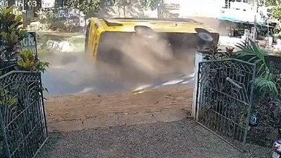 Screengrab of viral video of school bus overturning in Kerala's Kannur. (X) Screengrab of viral video of school bus overturning in Kerala's Kannur. (X)
