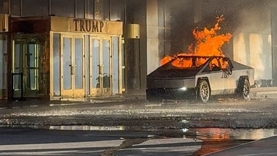 Flames rise from a Tesla Cybertruck after it exploded outside the Trump International Hotel Las Vegas. (Reuters)