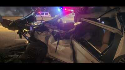 The mangled car on NH-58 near Bahadrabad. (HT Photo)